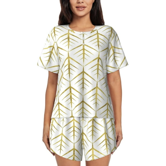 Picia White And Gold Geometry Pajamas Sets for Women Soft Short-Sleeved Pjs with Lounge Shorts Two Piece Sleepwear-Large