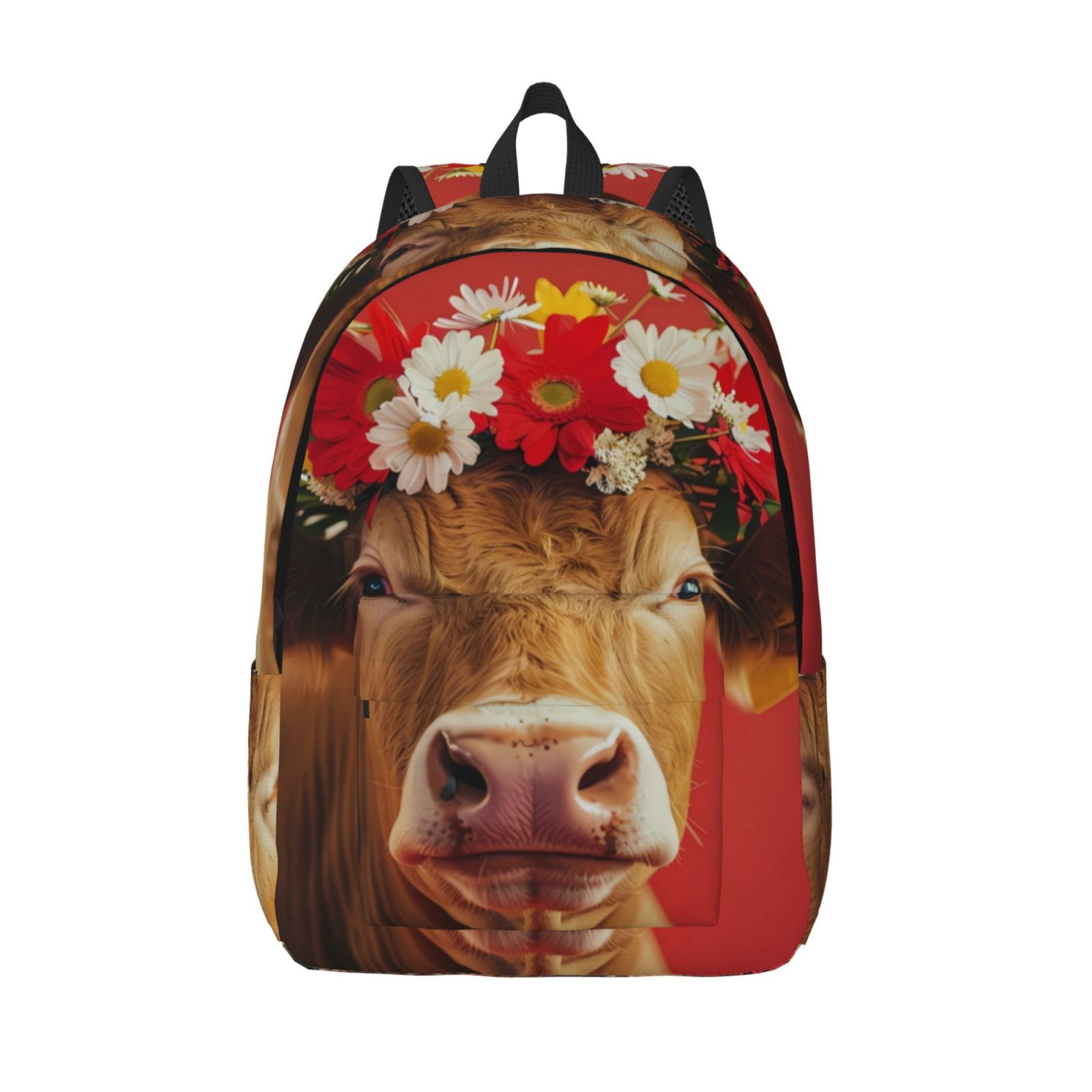 Picia White And Red Daisy Cow Printed Canvas Daypack - Stylish and Durable Vintage Compact Backpack - Class, Work, Travel, or Laptop Bookbag,Organized Compartments-Small