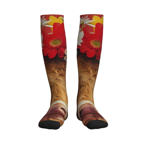 Picia White And Red Daisy Cow Printed Sports Compression Socks - 15-20mmHg Graduated Compression, High-Performance Soft and Breathable Socks for Men and Women
