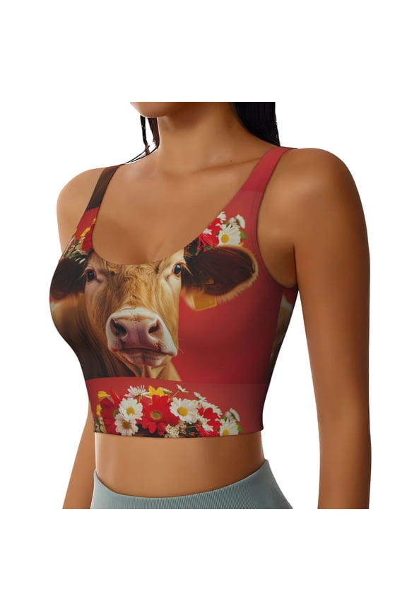 White And Red Daisy Cow Sports Bra for Women,Padded Strappy Sports Bras Medium Support Yoga Bra with Removable Cups,Running Yoga Bra-X-Large