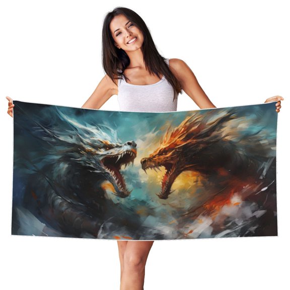 Picia White And Red Sketch Dragon Print Silver Fox Velvet Beach Towel,Quick-Dry Beach Towel,Lightweight Travel Towel,Portable Beach Towels