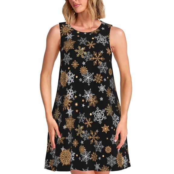 Picia White And Yellow Snowflakes Print Women’s Sleeveless Midi Swing Dress – A-Line Pleated Tank Sundress, Comfortable and Flowy T-Shirt Dress