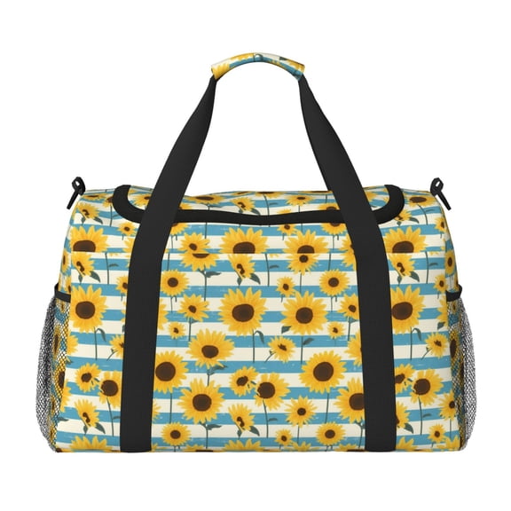 Picia White Blue Striped Sunflower Print Travel Duffle Bag,Weekender Bags for Women with Shoe Compartment, Gym Duffel Bag with Wet Pocket, Hospital Bags for Labor and Delivery