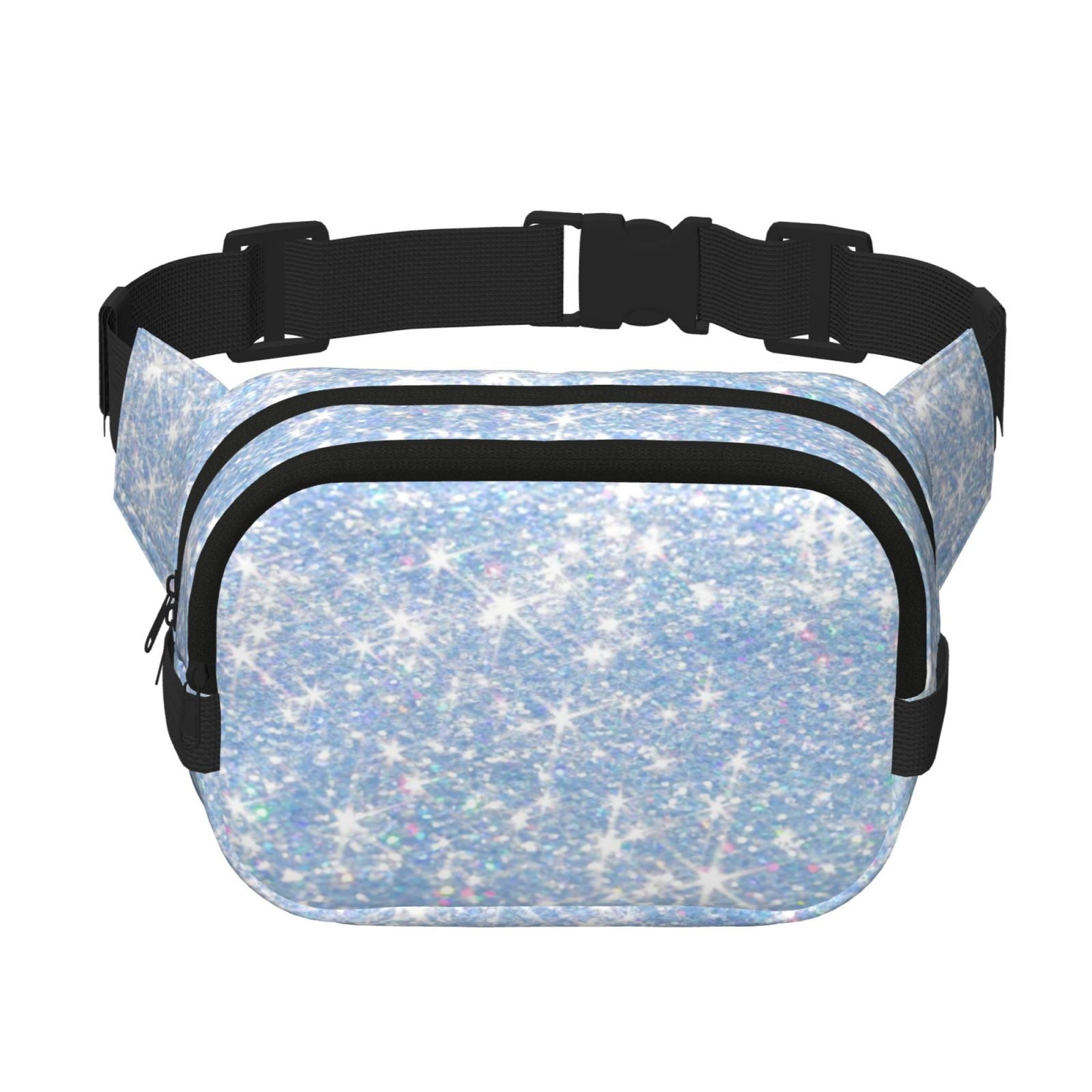 Picia White Bule Glitter Print Square Double-Layer Waist Bag Mini Adjustable Waist Belt Bag Exercise Running Travel Hiking