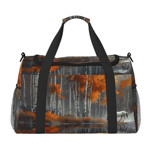 Picia White Horse Autumn Birch Print Travel Duffle Bag,Weekender Bags for Women with Shoe Compartment, Gym Duffel Bag with Wet Pocket, Hospital Bags for Labor and Delivery