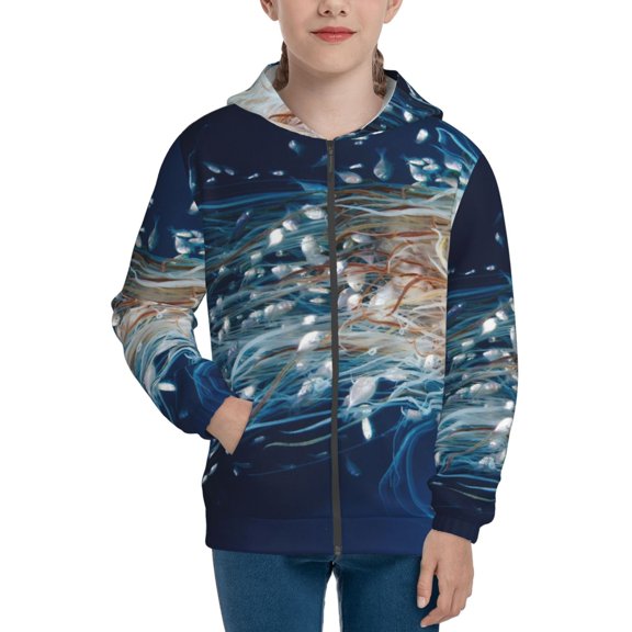 Picia White Jellyfish Dansing in the Ocean for Boys Fashion Full-zip Hoodies & Sweatshirts with Kangaroo Pocket,Zip-up Hooded Sweatshirt for Kid, Moisture Wicking & Breathable-Medium
