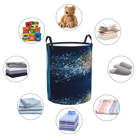Picia White Jellyfish Dansing in the Ocean Large Laundry Basket, Waterproof, Freestanding Laundry Hamper, Collapsible Tall Clothes Hamper with Extended Handles-
