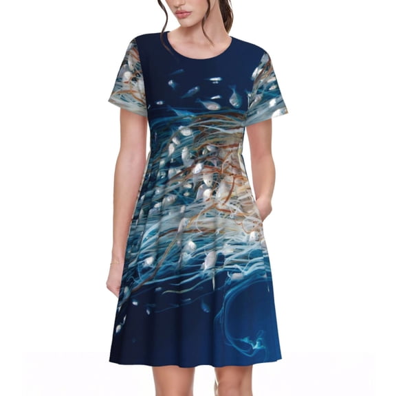 Picia White Jellyfish Dansing in the Ocean Pattern Women's Short Sleeve Summer Dress Pleated Loose Swing Knee Length Short Sleeve Swing Dresses