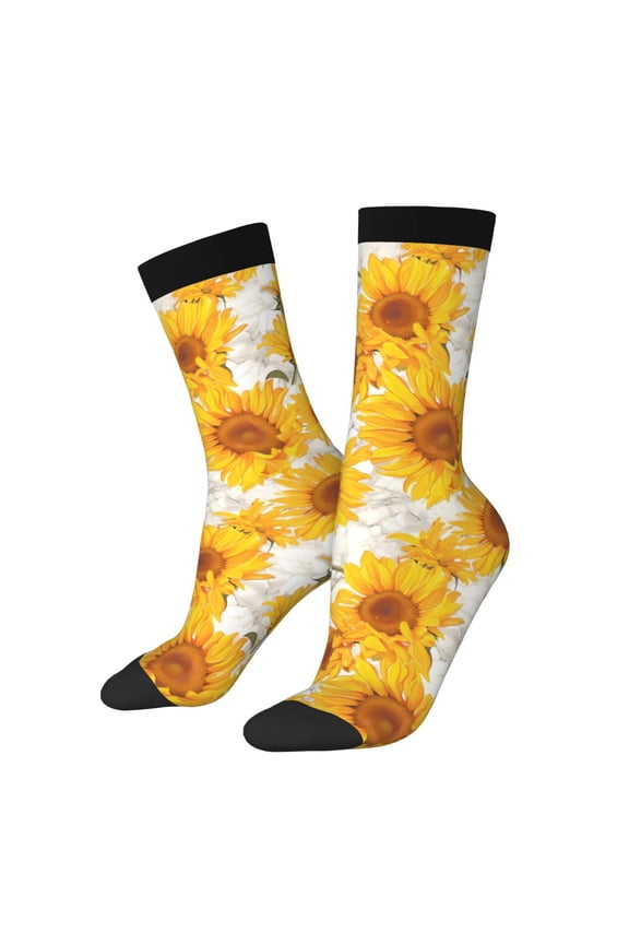 White Marble Pattern Sunflower Print Athletic Socks for Men & Women – Cushioned Moisture-Wicking Crew Socks for Sports, Running, and Training, Soft & Breathable Size 5-11