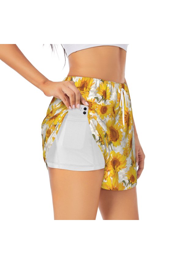 White Marble Pattern Sunflower Pattern Women's 2 in 1 Athletic Running Shorts High Waisted Workout Casual Gym Sweat Shorts with Comfy Liner Zipper Pockets-Large