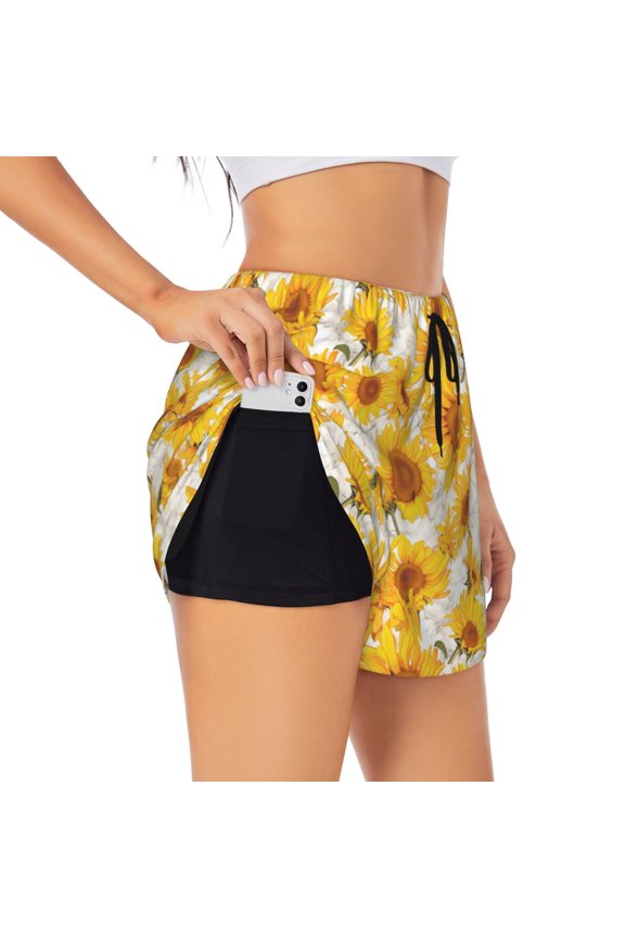 White Marble Pattern Sunflower Pattern Women's 2 in 1 Athletic Running Shorts High Waisted Workout Casual Gym Sweat Shorts with Comfy Liner Zipper Pockets-Small
