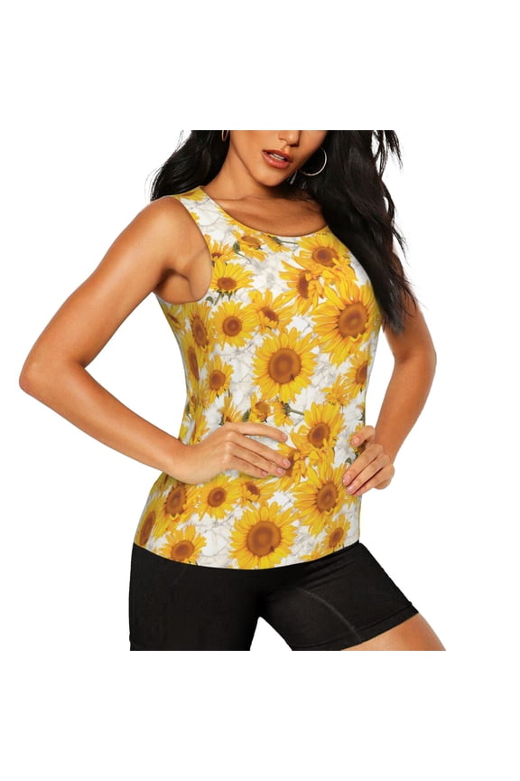 White Marble Pattern Sunflower Pattern Women's Workout Tank Top,Breathable Activewear,Slim Fit Athletic Top,Versatile Workout Moisture-wicking top-Medium