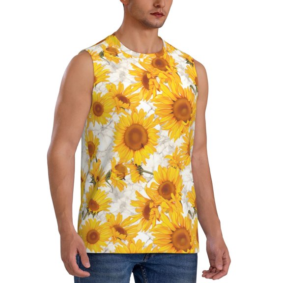 Picia White Marble Pattern Sunflower mens Cotton Tank Undershirts , Moisture-wicking Ribbed Tanks, Lightweight Cotton Tank Undershirts-Small