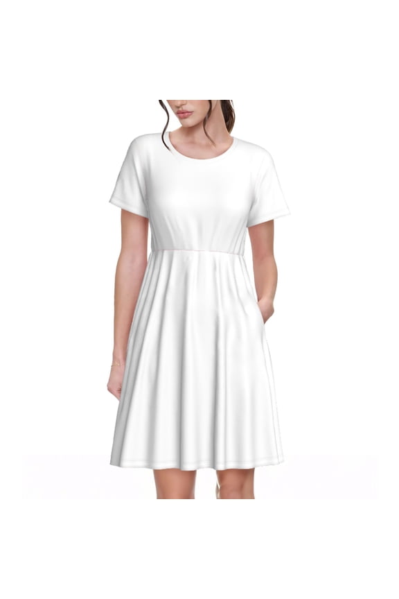 White Pattern Women's Short Sleeve Summer Dress Pleated Loose Swing Knee Length Short Sleeve Swing Dresses