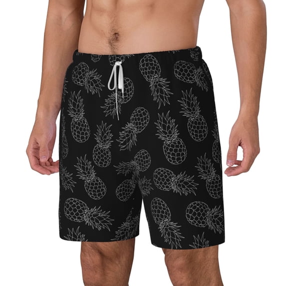 Picia White Pineapples pattern Mens Swim Trunks with Compression Liner Stretch Beach Shorts Quick Dry with Zipper Pockets No-Chafing Board Shorts-X-Large