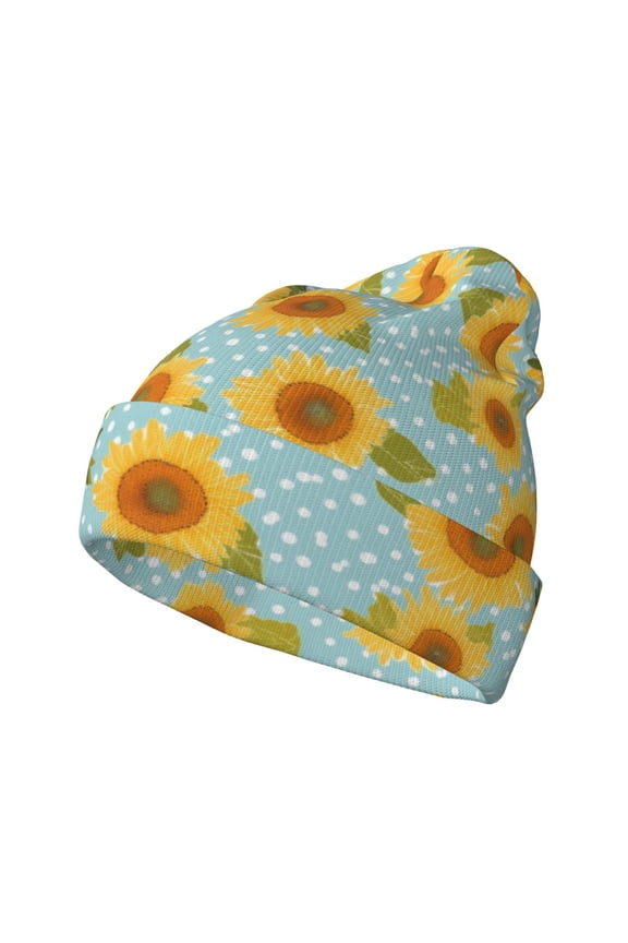 White Polka Dot Sunflower A Pattern Knitted Beanie Hat for Men and Women , Unisex Winter Warm Stretchy Knit Cap Thick Fisherman Beanies Cuffed Plain Skull Caps