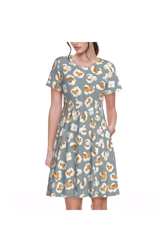 White Popcorn Pattern Women's Short Sleeve Summer Dress Pleated Loose Swing Knee Length Short Sleeve Swing Dresses