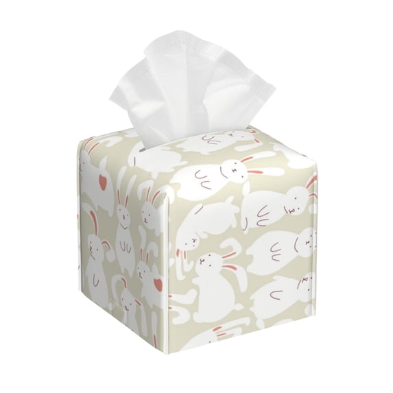 Picia White Rabbit Pattern Tissue Box Cover,PVC Leather Square Holder,Tissue Box Holder with Magnetic Bottom,Facial Paper Organizer Dispenser-5.2"X5.2"X5.2"