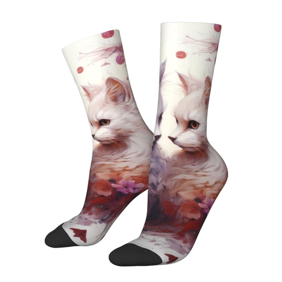 Picia White Red Cat Couple Print Athletic Socks for Men & Women – Cushioned Moisture-Wicking Crew Socks for Sports, Running, and Training, Soft & Breathable Size 5-11