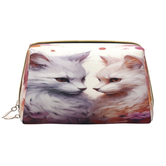 Picia White Red Cat Couple Print Leather Makeup Bag Make Up Bag Travel Toiletry Bag for Her Girlfriend Teacher Teen Girl Gifts