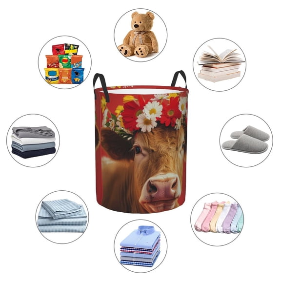 Picia White And Red Daisy Cow Large Laundry Basket, Waterproof, Freestanding Laundry Hamper, Collapsible Tall Clothes Hamper with Extended Handles-Small