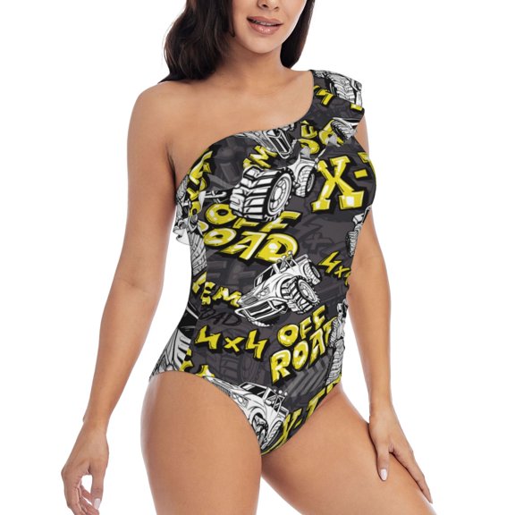 Picia White Retro Off-Road Vehicle Pattern Women's One Piece Swimsuits,One Shoulder Swimwear Asymmetric ,Ruffle Monokinis Bathing Suits,High Waisted Flattering Bathing Suits-Medium