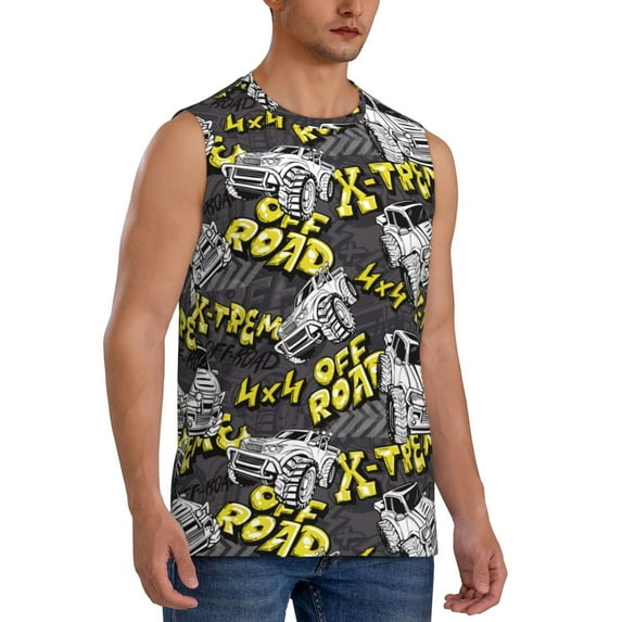 Picia White Retro Off-Road Vehicle mens Cotton Tank Undershirts , Moisture-wicking Ribbed Tanks, Lightweight Cotton Tank Undershirts-Large