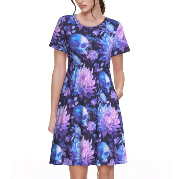 Picia White Skull Flower Pattern Women's Short Sleeve Summer Dress Pleated Loose Swing Knee Length Short Sleeve Swing Dresses