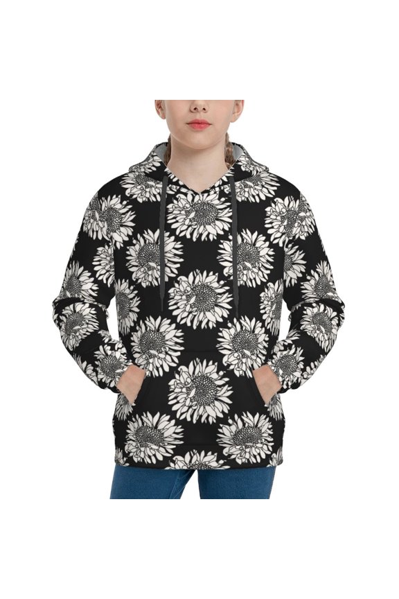 White Sunflowers Pattern Youth Hoodie - Warm Pullover Sweatshirt with Kangaroo Pocket, Ideal for Boys and Girls-Medium