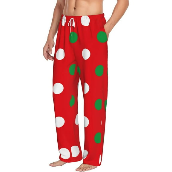 Picia White and Green Polka Dot Mens Soft Woven Cotton Elastic Waistband Sleep Pajama Pant Lounge Sleep Pant With Pockets And Drawstring-Medium
