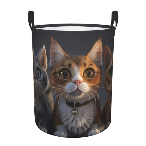 Picia Wide Eyed Cartoon Cats Pattern Large Laundry Basket, Waterproof, Freestanding Laundry Hamper, Collapsible Tall Clothes Hamper with Extended Handles-Medium