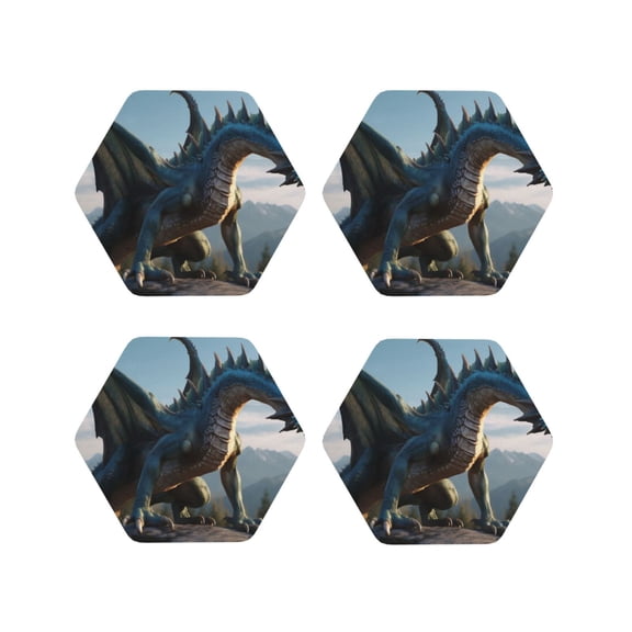Picia Wild Blue Cool Dragon Printed Leather Coasters for Drinks, 4" Drink Coasters Set of 4 for Tabletop Protection, Handmade Luxurious Home Décor and Housewarming Gift -Hexagon
