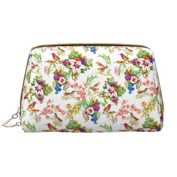Picia Wild Exotic Birds And Flowers Print Leather Makeup Bag Make Up Bag Travel Toiletry Bag for Her Girlfriend Teacher Teen Girl Gifts