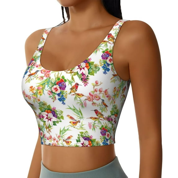 Picia Wild Exotic Birds And Flowers Sports Bra for Women,Padded Strappy Sports Bras Medium Support Yoga Bra with Removable Cups,Running Yoga Bra-X-Large