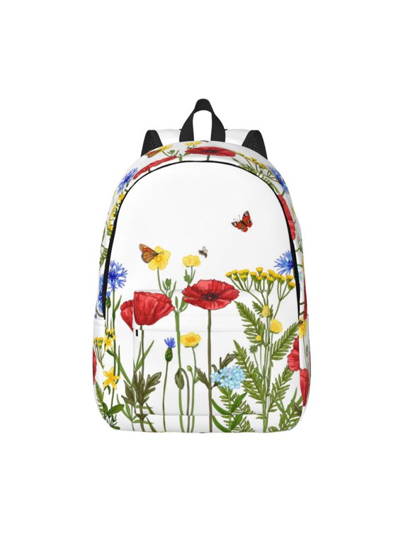 Wild Herbs Printed Canvas Daypack - Stylish and Durable Vintage Compact Backpack - Class, Work, Travel, or Laptop Bookbag,Organized Compartments-Medium