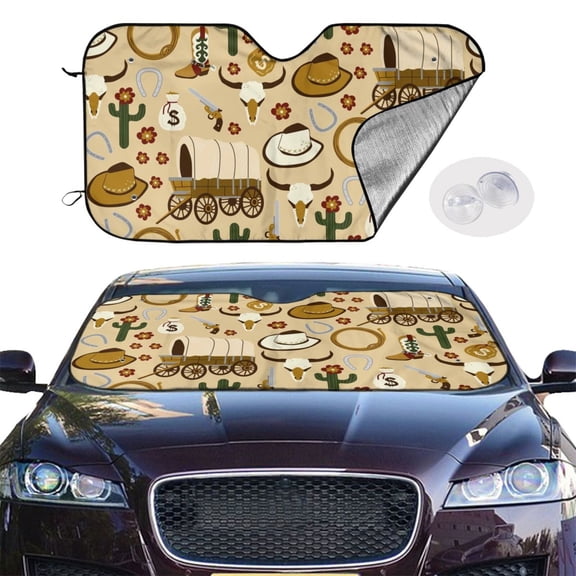 Picia Wild West Cowboy Curved Windshield Sunshade Accordion Folding Style Auto Shade for Car Truck SUV Van Blocks UV Ray Sun Visor Protector -Small