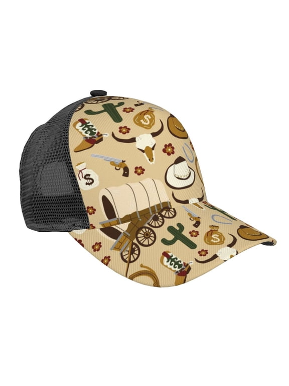 Wild West Cowboy Pattern Trucker Hat,Baseball Cap,Sun Protection Cap,Stylish Headwear,Leisure Cap,Outdoor Sports Cap