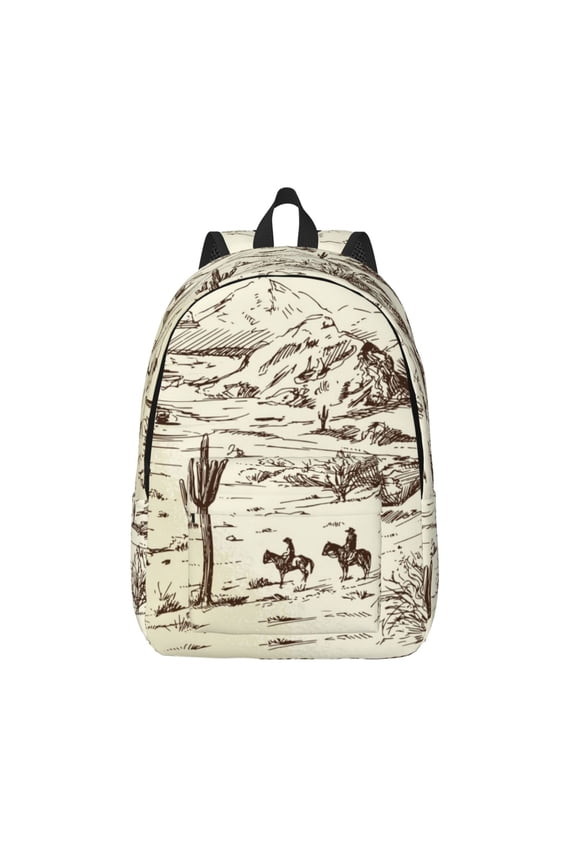 Wild West Desert With Cowboys Printed Canvas Daypack - Stylish and Durable Vintage Compact Backpack - Class, Work, Travel, or Laptop Bookbag,Organized Compartments-Medium