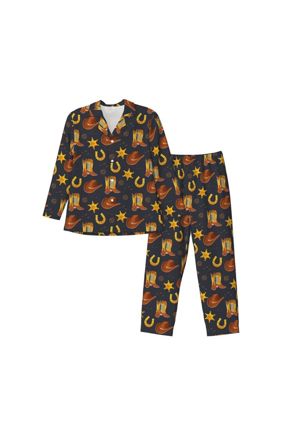 Wild West Golden Horseshoe Pattern Men’s Long-Sleeve Sleepwear Set - Soft 2-Piece Loungewear with Pockets, Comfy PJs for Relaxing Nights-Medium
