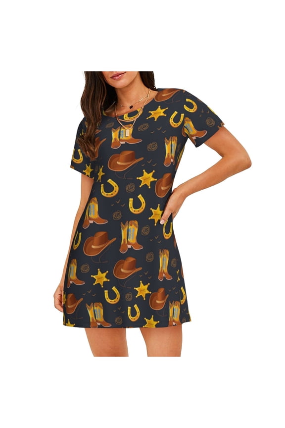 Wild West Golden Horseshoe Pattern Women’s Nightdress – Casual Short-sleeved Loose-Fit Sleepwear, Soft Cotton Short-Sleeve Sleep Shirt for Relaxation & Comfort