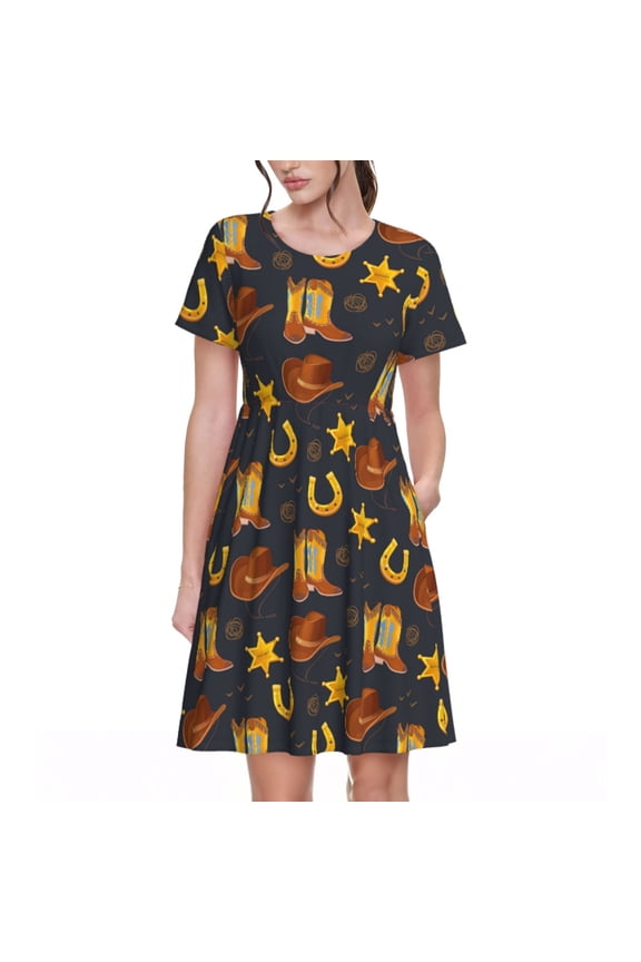Wild West Golden Horseshoe Pattern Women's Short Sleeve Summer Dress Pleated Loose Swing Knee Length Short Sleeve Swing Dresses
