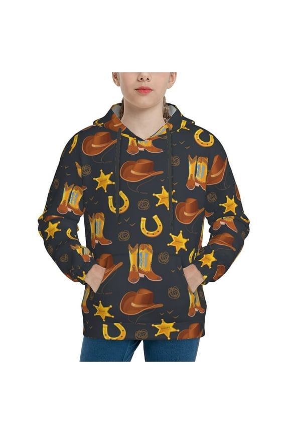 Wild West Golden Horseshoe Pattern Youth Hoodie - Warm Pullover Sweatshirt with Kangaroo Pocket, Ideal for Boys and Girls-X-Large
