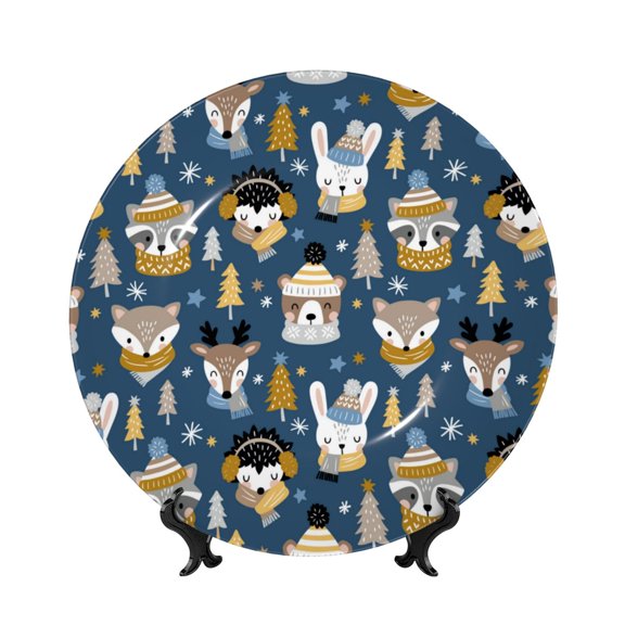 Picia Winter Animal Friends Pattern Bone China Decorative Plate – Wall Decor with Stand and Adhesive, Elegant Ornament for Living Room, Office, or Entryway-8in