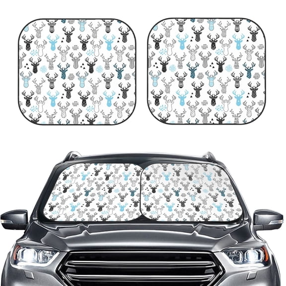 Picia Winter Art Blue and Black Moose 2 Piece Car Windshield Sun Shade Foldable | Foldable Sun Shield for Front Window Blocks UV Rays and Keeps Your Vehicle Cool-Small