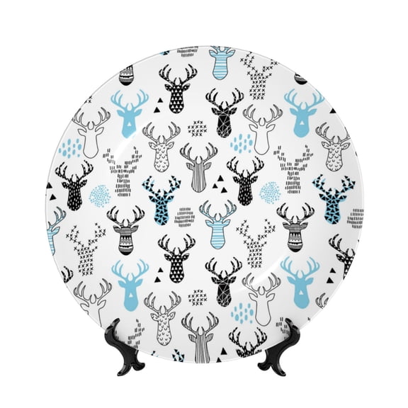 Picia Winter Art Blue and Black Moose Pattern Bone China Decorative Plate – Wall Decor with Stand and Adhesive, Elegant Ornament for Living Room, Office, or Entryway-8in