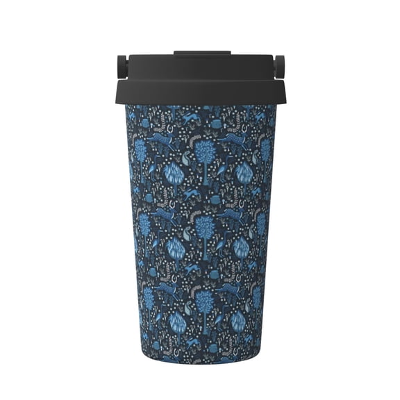 Picia Winter Blue Forest Deer Pattern 500ml Carry Insulated Coffee Mug, Stainless Steel Travel Mug with Hidden Handle, Leak-Proof for Car, Office, Home, and Outdoor Use