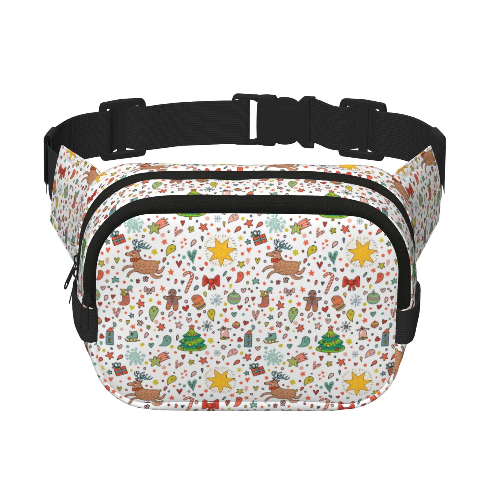 Picia Winter Christmas And New Year Deer Print Square Double-Layer Waist Bag Mini Adjustable Waist Belt Bag Exercise Running Travel Hiking