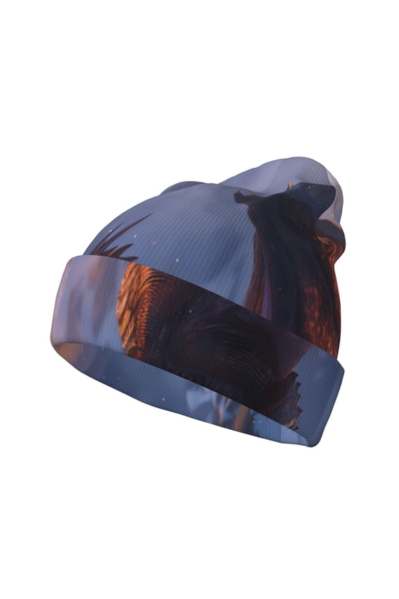 Winter Fire Dragon Pattern Knitted Beanie Hat for Men and Women , Unisex Winter Warm Stretchy Knit Cap Thick Fisherman Beanies Cuffed Plain Skull Caps