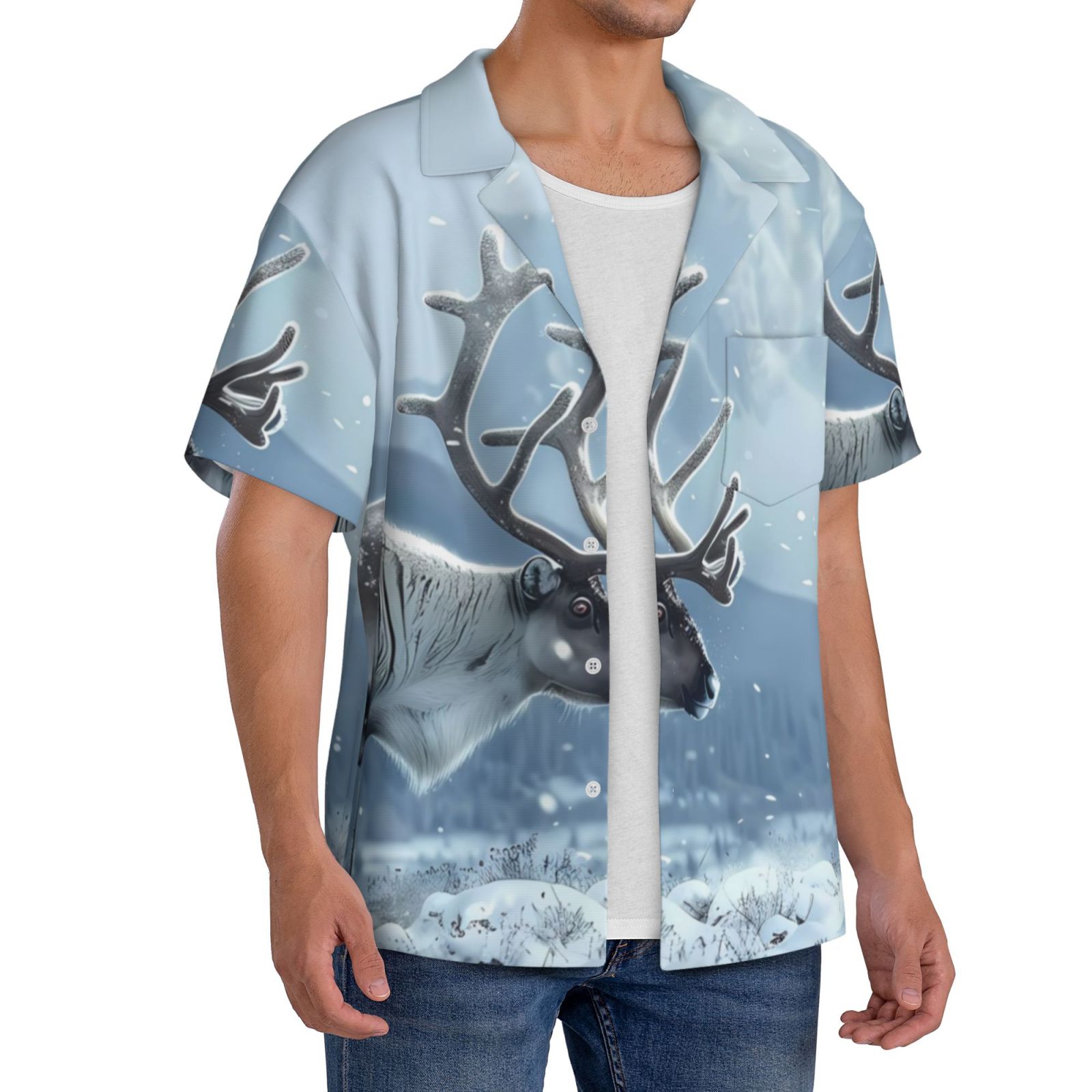 Picia Winter Reindeer In Snowy Mountains Men's Linen Shirts Short ...