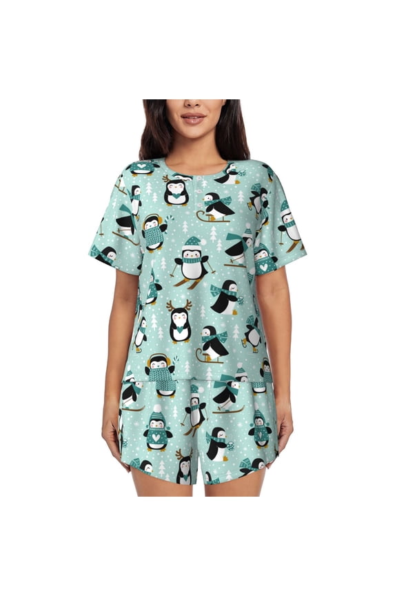 Winter Skiing Penguin Pajamas Sets for Women Soft Short-Sleeved Pjs with Lounge Shorts Two Piece Sleepwear-XX-Large